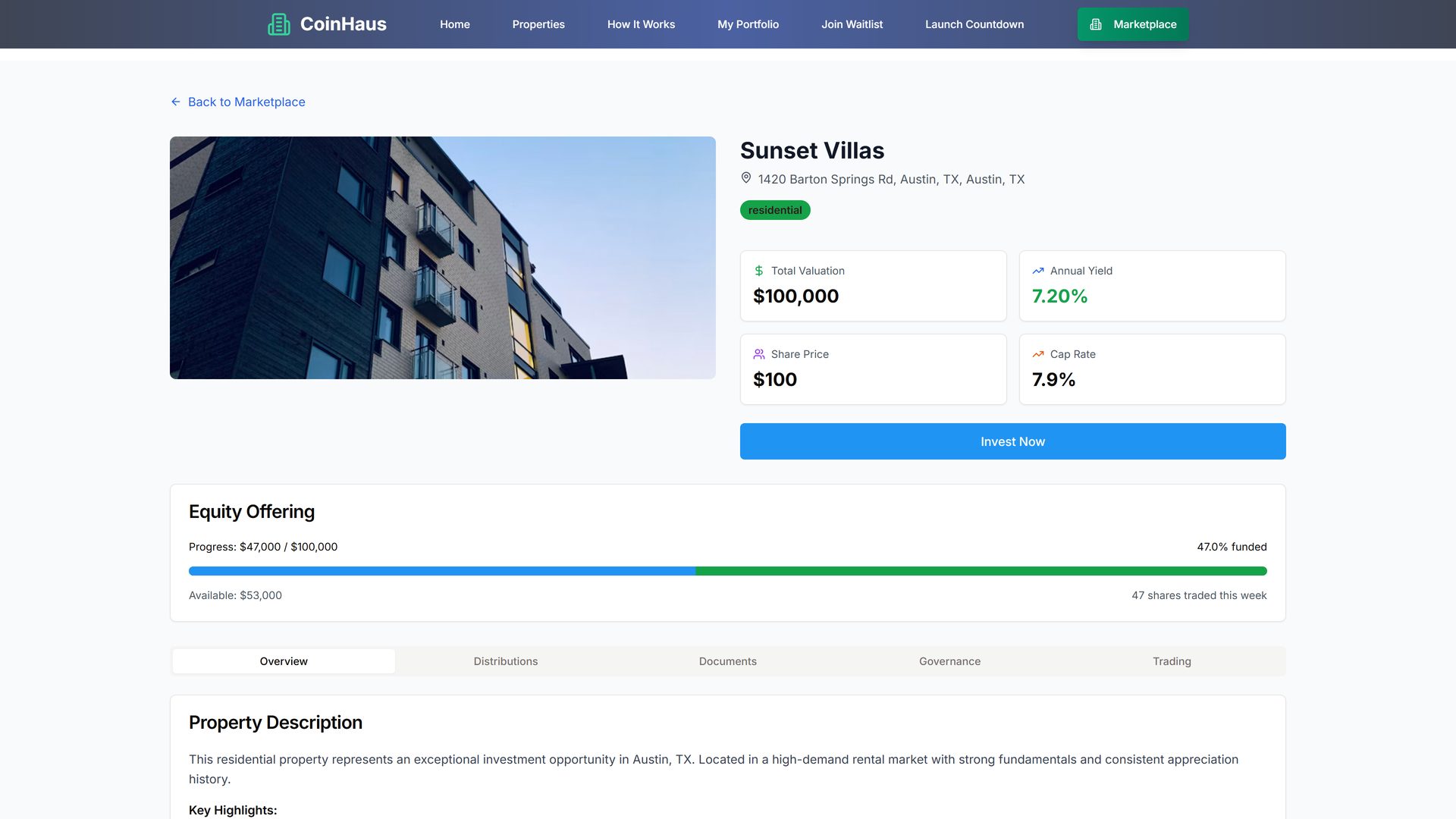 Property detail page with valuation and funding status