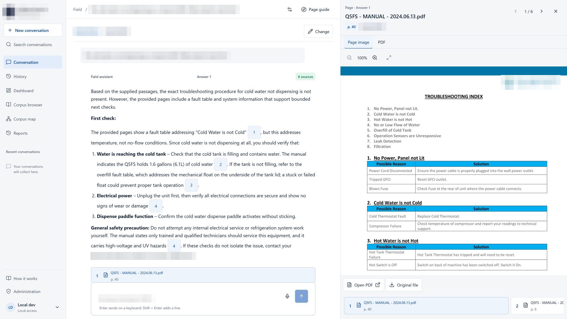Source viewer showing the cited manual page beside the answer