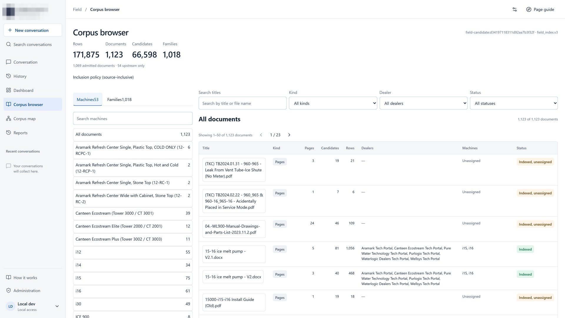 Admin corpus browser with document counts and machine list